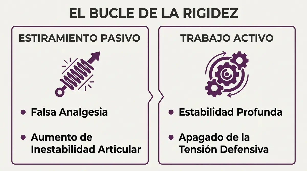 Esquema comparativo que muestra la diferencia en el sistema nervioso entre el estiramiento pasivo inestable y el control activo del movimiento.