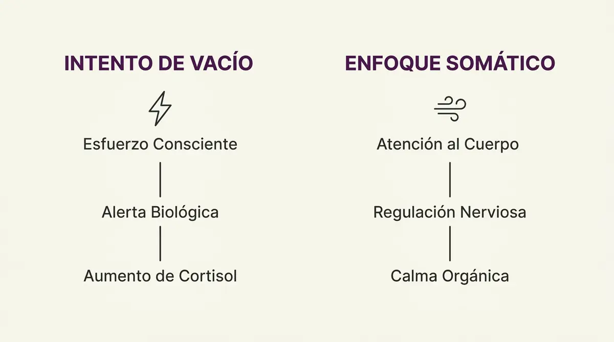 Infografía que compara el estrés de buscar el vacío mental frente al alivio real de la respiración somática.