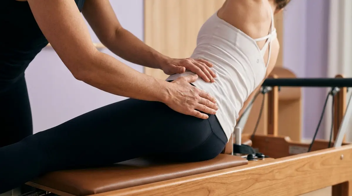 Plano detalle de un instructor de pilates corrigiendo con precisión y cuidado la postura de un alumno sobre un reformador de madera.