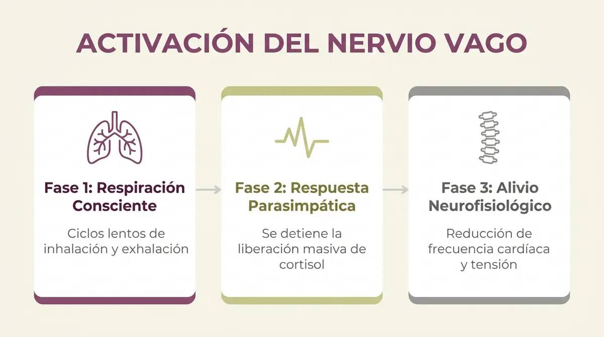 Esquema visual de tres pasos sobre la activación del nervio vago mediante el movimiento inteligente y la respiración consciente.