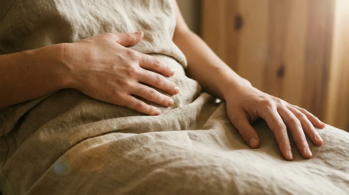 Detalle de manos y respiración somática sobre el abdomen en un entorno de meditación.