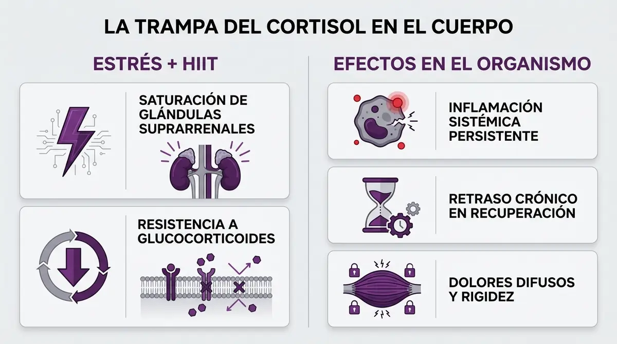 Infografía sobre la trampa del cortisol que detalla los efectos de combinar estrés laboral crónico con entrenamientos de alta intensidad.