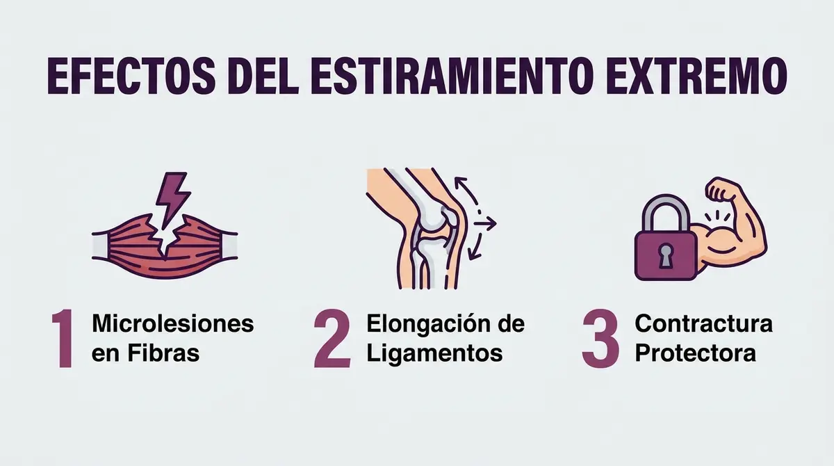 Infografía que detalla los tres riesgos principales de forzar estiramientos y sus consecuencias en las fibras musculares.