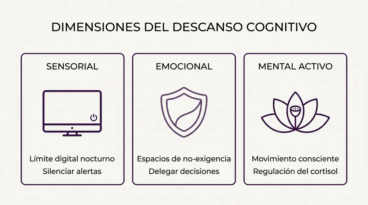 Esquema visual de las tres dimensiones del descanso cognitivo para reducir el agotamiento mental.