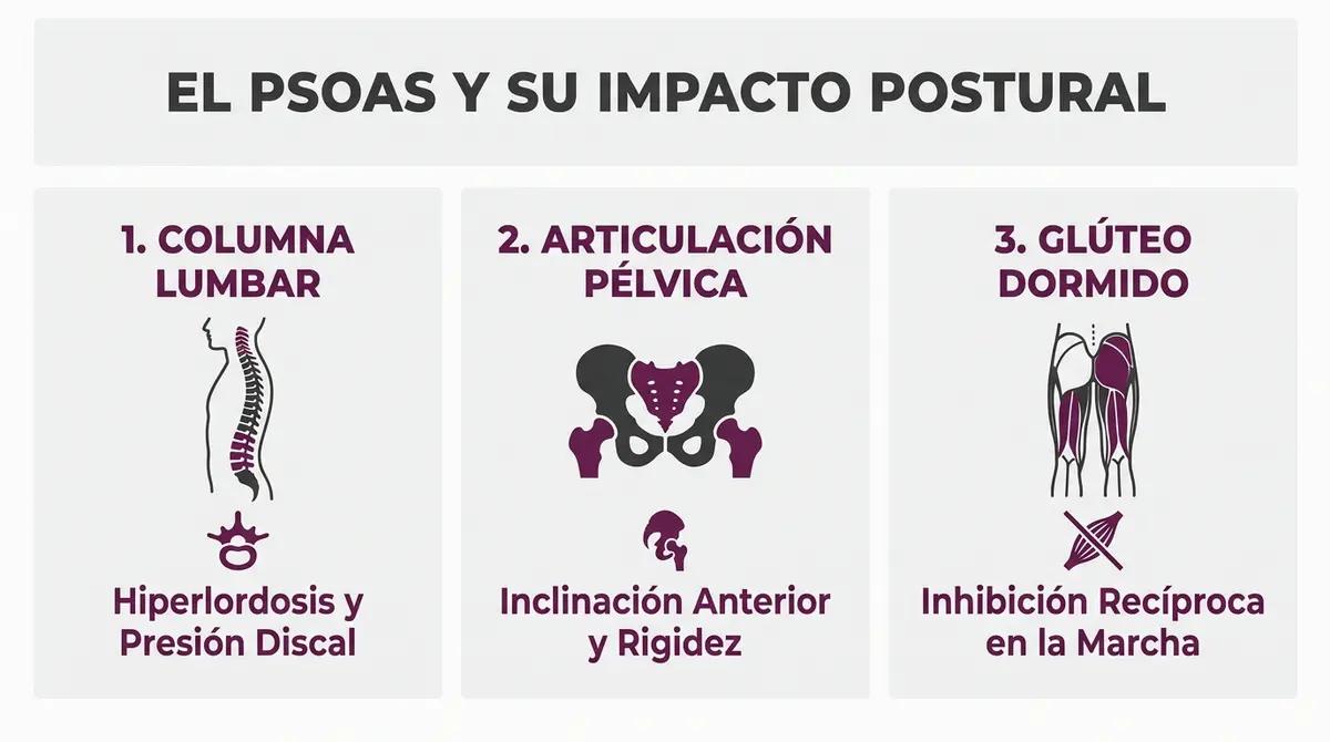 Infografía anatómica sobre el impacto del psoas tenso en la columna lumbar, la pelvis y los glúteos.