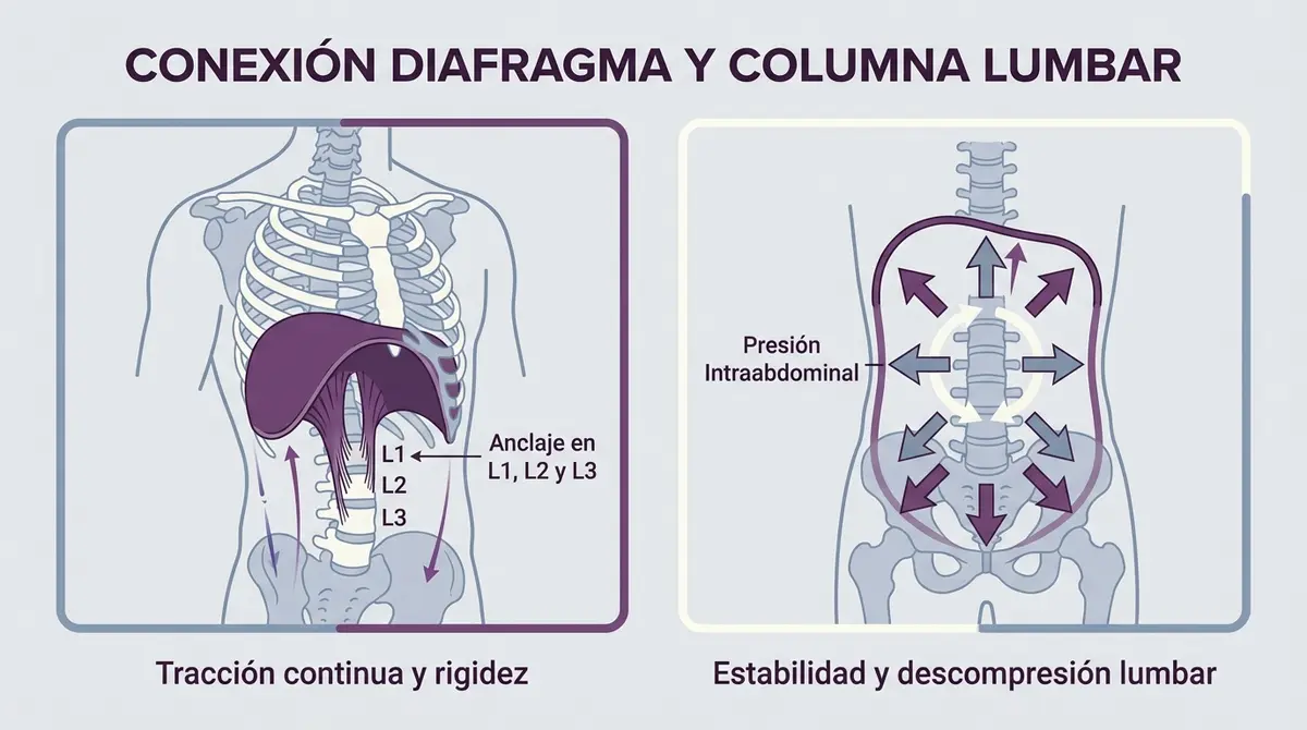 Diagrama anatómico explicativo de la conexión entre el diafragma y las vértebras lumbares L1 a L3.
