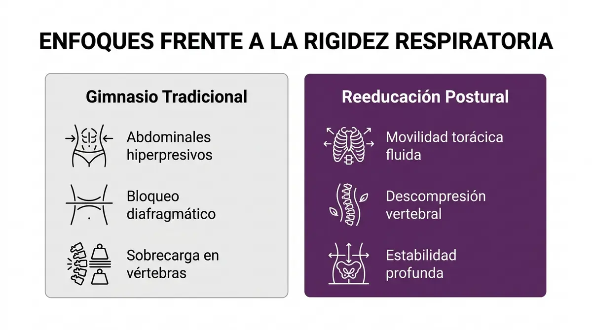 Tabla comparativa entre el ejercicio tradicional y la reeducación postural para liberar el diafragma.
