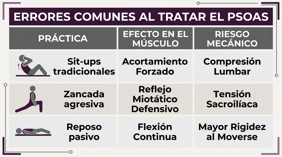 Tabla infográfica con errores frecuentes y riesgos mecánicos al estirar o ejercitar un psoas tenso.